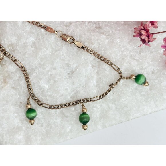 Green Stone 14k Gold Filled Vintage Figaro Style Chain Charm Bracelet  - 7.75" - Picture 3 of 9